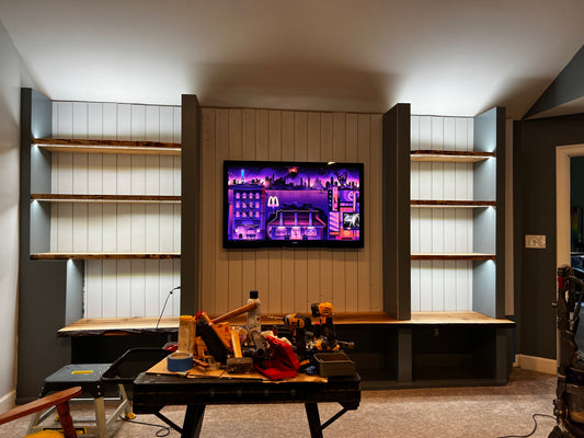 Custom Built-In Entertainment Wall with Live Edge Wood Shelving